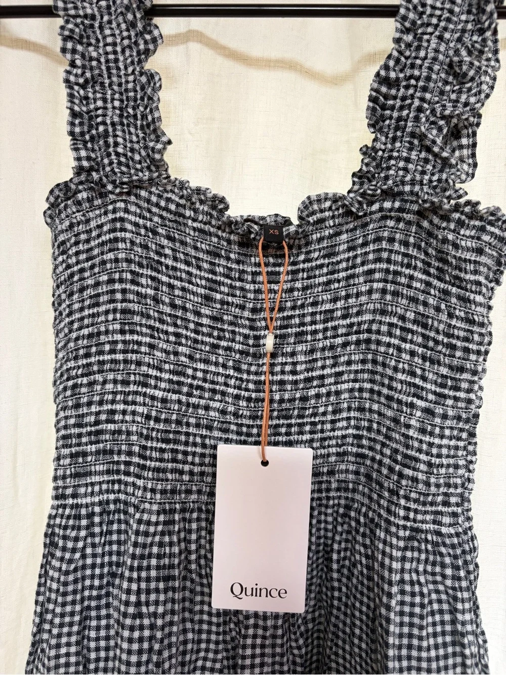 Quince 100% European Linen Smocked Midi Dress - Min Gingham Black/White - Picture 4 of 5